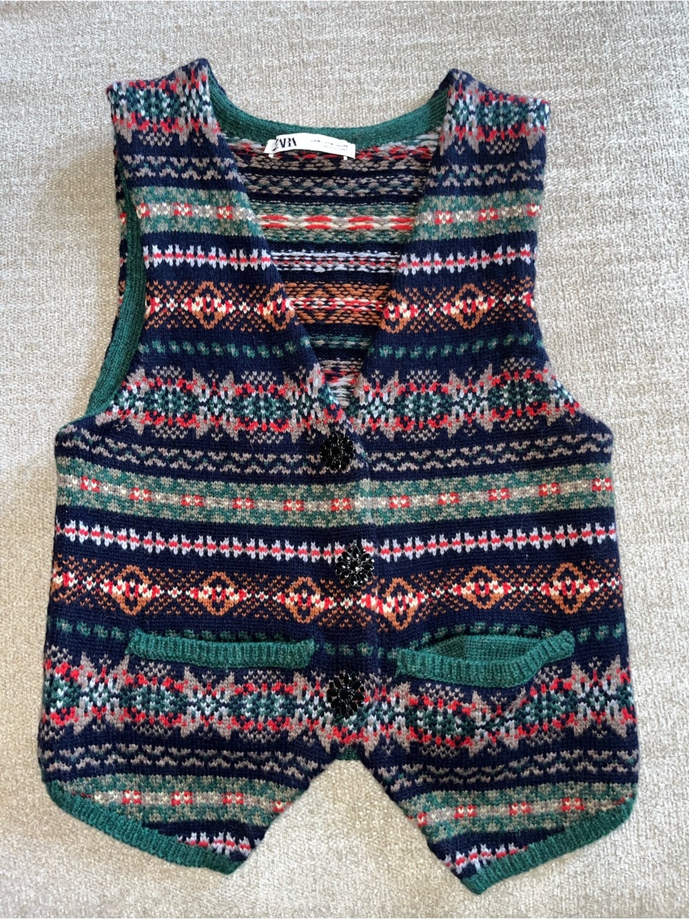 Zara Multicolor Fair Isle Knit Vest - Navy, Green, Red